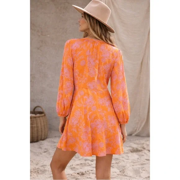 XiRENA Bright Orange Pink Floral Long Sleeved Mini Dress - Picture 3 of 8